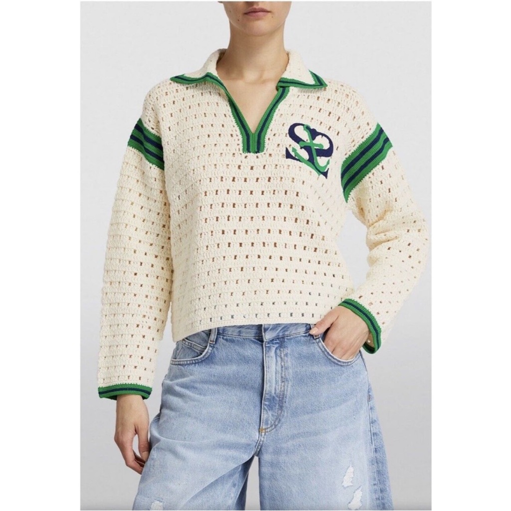 Sandro Hand Knit Embroidered Crochet Polo Sweater